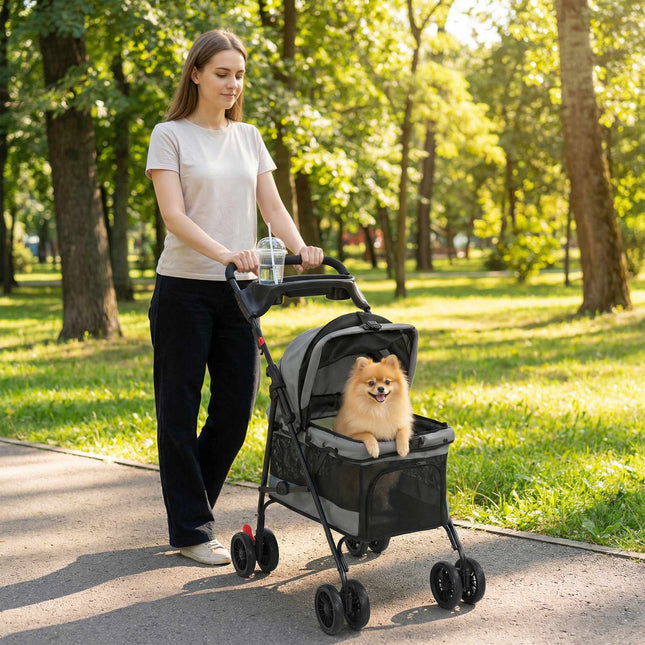 Poussette pour chien pliable, fenêtres en filet, jusqu'à 10 kg, grise
