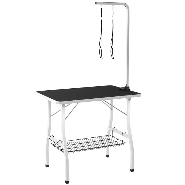 Table de toilettage pour chien, table de coupe réglable en hauteur pour chiens, table de tonte pliable, table de toilettage pour animaux de compagnie avec panier en filet, écharpes, pour sécher les cheveux, couper les cheveux, capacité de charge jusqu