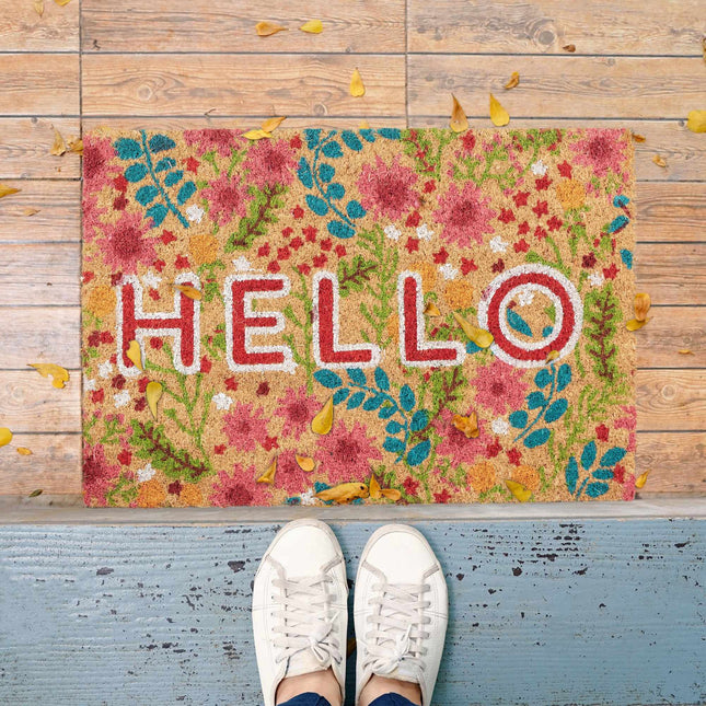 Fußmatte Kokosfaser "Hello" mit Blumen