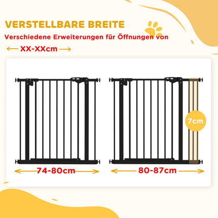 Barrière de sécurité pour chiens, barrière de sécurité, 74-87 cm, barrière d'escalier pour animaux domestiques, barrière pour chiens avec diverses extensions, barrière de protection sans perçage, métal, plastique, noir |
