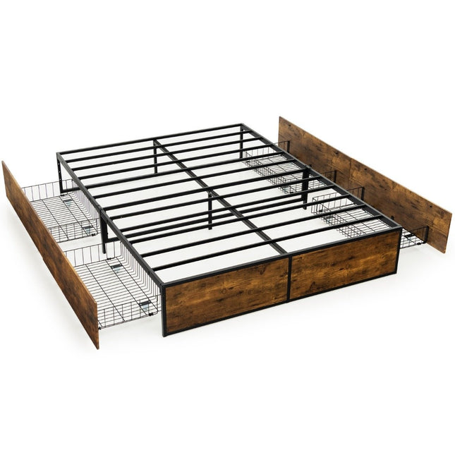Double Bed Frame Heavy Duty Metal Bed with 4 Drawers Wooden Base End Rustic Brown