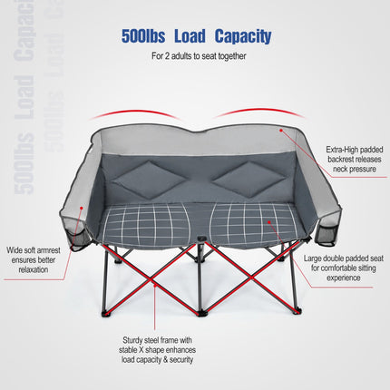 Chaise de camping pliante double avec accoudoirs et sac de transport