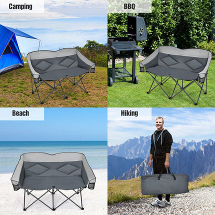 Chaise de camping pliante double avec accoudoirs et sac de transport
