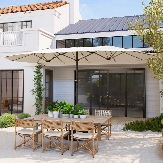 Parasol double 436 x 260 cm, protection UV en acier avec manivelle, parasol de balcon ovale, parasol de plage, coupe-vent, stable, parasol de marché, parasol à manivelle pour plage, balcon, jardin, beige Aosom