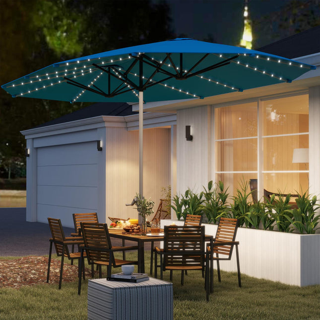 Parasol double avec lampes solaires LED 451 x 267 cm en aluminium UV 50+ avec manivelle, parasol de balcon, coupe-vent, protection solaire pour plage, balcon, jardin, bleu |