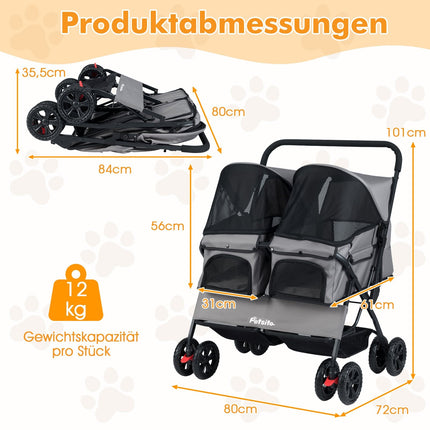Doppelter Haustier-Kinderwagen mit verstellbarem Verdeck, Grau