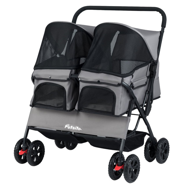 Poussette double pour animaux avec capote réglable, grise