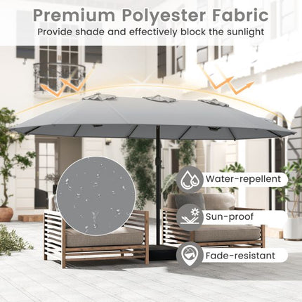 Doppelseitiger grauer Terrassenschirm mit Standfuß – Großer Sonnenschutz für den Außenbereich
