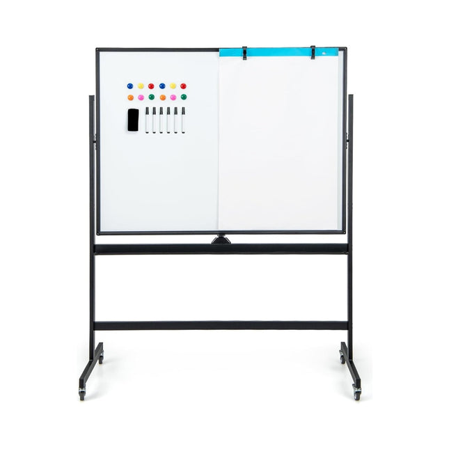 Tableau blanc mobile double face avec motif quadrillé, support et plumier 120 x 90 cm, noir