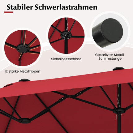 Parasol double face avec support, 400 x 200 cm, bordeaux