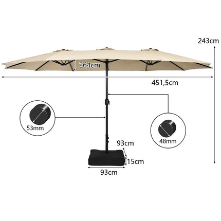 Parasol de terrasse double face avec support, manivelle, UPF 50+