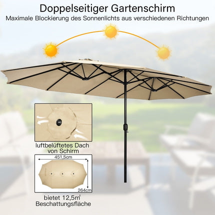 Parasol de terrasse double face avec support, manivelle, UPF 50+