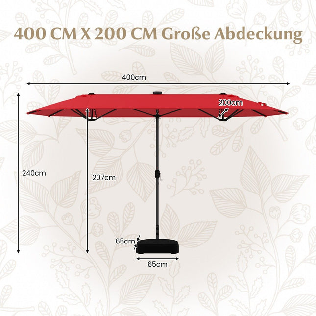 Parasol double face avec support et éclairage LED, 400 x 200 cm