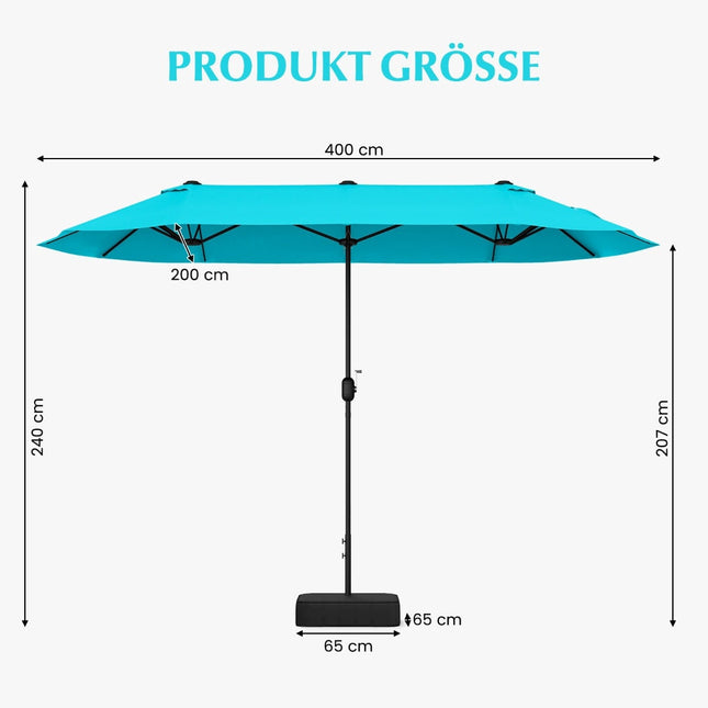 Parasol de terrasse double face avec pied, protection UPF 50+, turquoise