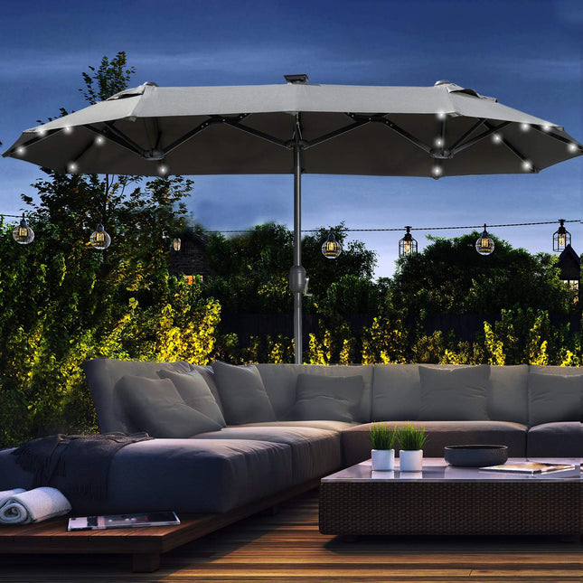 Parasol double, 295 x 219cm, parasol avec LED, ovale, parasol de jardin, coupe-vent, stable, parasol de marché avec angle d'inclinaison réglable pour terrasse, piscine, polyester, acier, gris foncé |