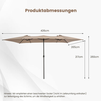 Doppelsonnenschirm 426 x 265 cm rechteckig Sonnenschirm UV-Schutz braun