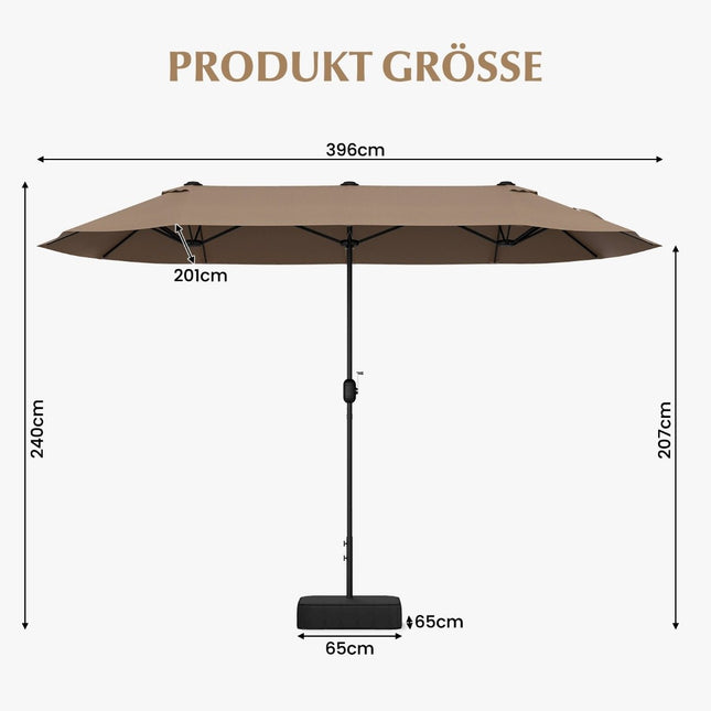 Parasol double avec pied 400 x 200 cm grand parasol XXL marron