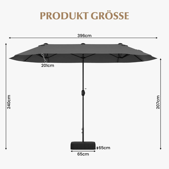 Parasol double avec pied 400 x 200 cm grand parasol XXL gris