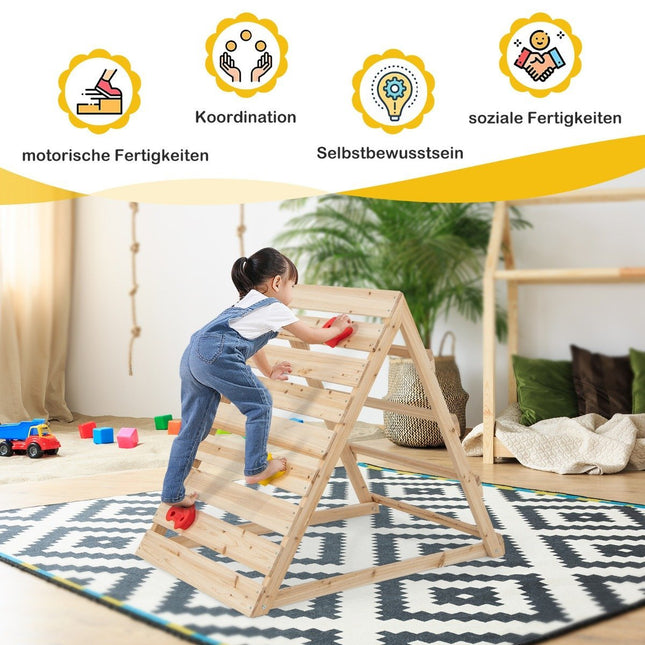 Doppelseitiges Kletterdreieck Holzkletterspielzeug mit Kletterfelsen und Kletterleitern 112 x 70 x 96 cm natur