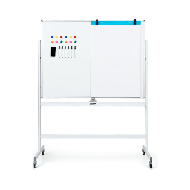 Tableau blanc mobile double face avec motif quadrillé & support & plumier 120x90cm blanc