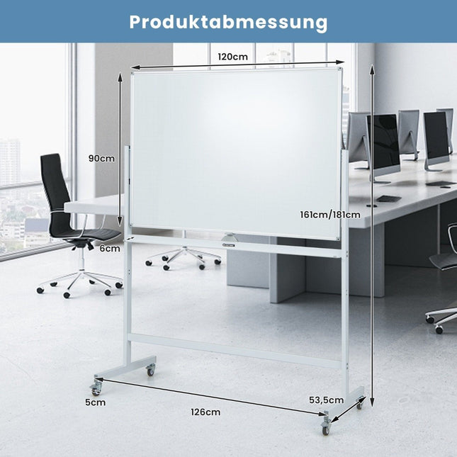 Tableau blanc mobile double face avec motif quadrillé & support & plumier 120x90cm blanc