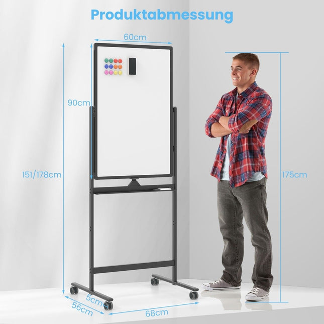Tableau blanc mobile double face avec plumier et accessoires pour bureau scolaire 60 x 90 cm noir