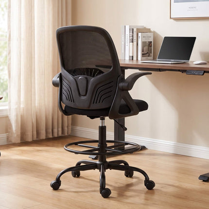 Drafting Chair with Foot Ring and Adjustable Lumbar Support, Black, Mesh Back