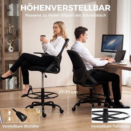Drafting Chair with Foot Ring and Adjustable Lumbar Support, Black, Mesh Back