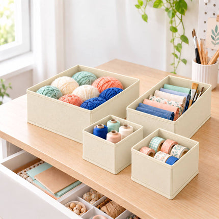 Drawer Organiser Boxes 16-Piece Set in 3 Sizes, Cream, Non-Woven Fabric