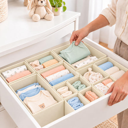 Drawer Organiser Boxes 16-Piece Set in 3 Sizes, Cream, Non-Woven Fabric