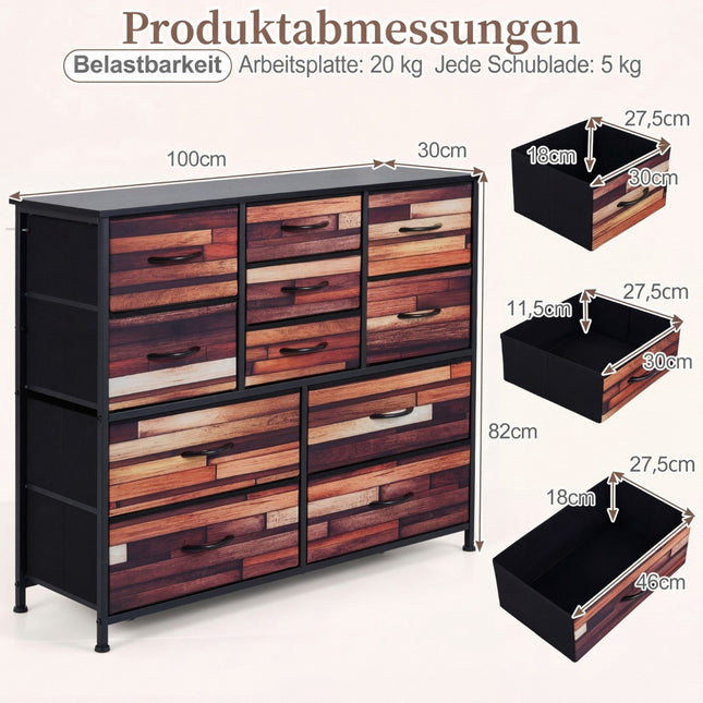 Commode à 11 tiroirs en tissu, structure en métal, plateau en bois