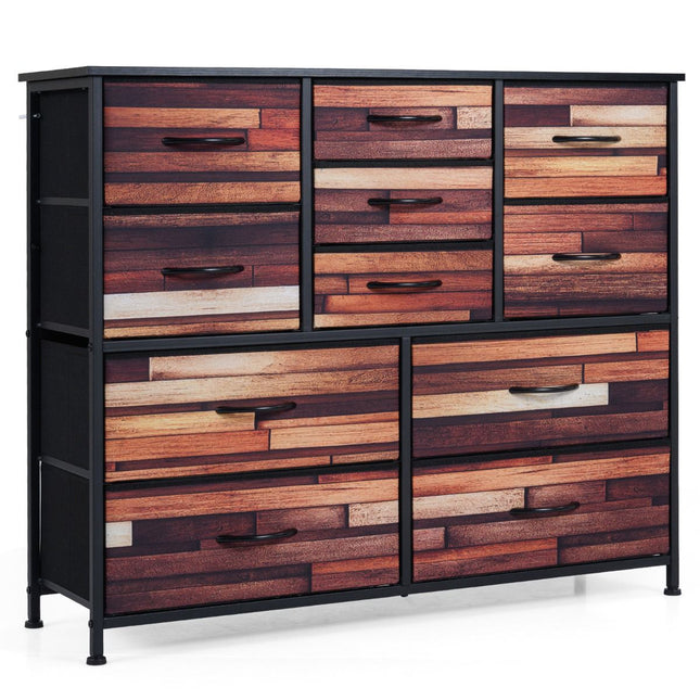 Commode à 11 tiroirs en tissu, structure en métal, plateau en bois