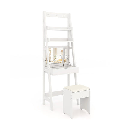 Coiffeuse avec miroir et tabouret, 2 étagères, blanche