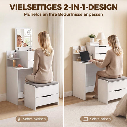 Dressing Table with Flip-Up Mirror and Storage Stool, 2-in-1 Desk, White