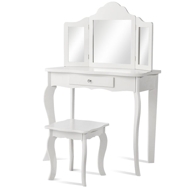 Ensemble coiffeuse et tabouret pour enfant, coiffeuse avec tiroir, miroir, 70 x 34 x 103 cm, blanc