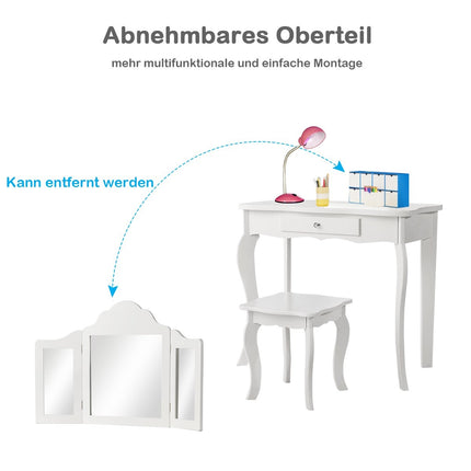 Dressing table and stool set for children, dressing table with drawer, mirror, 70 x 34 x 103 cm, white