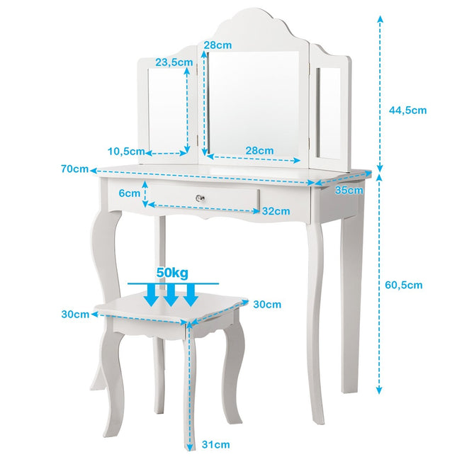 Ensemble coiffeuse et tabouret pour enfant, coiffeuse avec tiroir, miroir, 70 x 34 x 103 cm, blanc