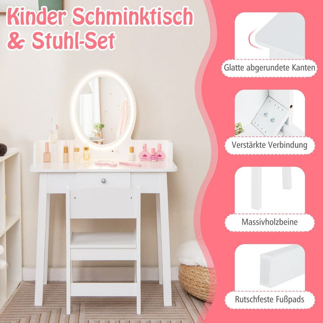 Coiffeuse pour enfants avec miroir éclairé Table de maquillage avec chaise Blanche