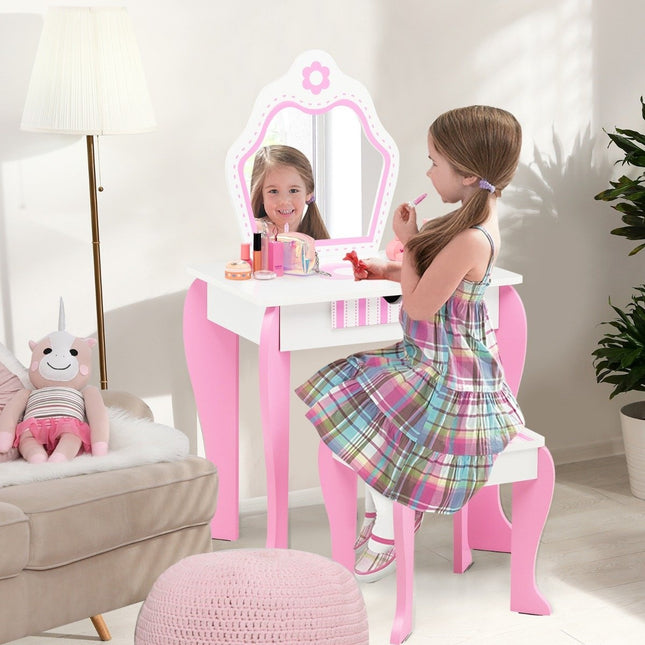 Ensemble coiffeuse et tabouret pour enfant avec miroir et tiroir 49 x 34 x 86,5 cm rose