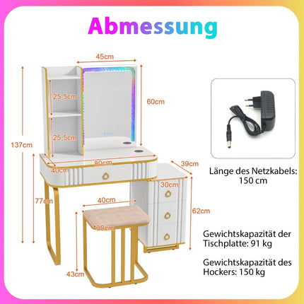 Schminktisch mit 7 dynamischen und 7 statischen dimmbaren LED-Beleuchtungen Frisiertisch weiß