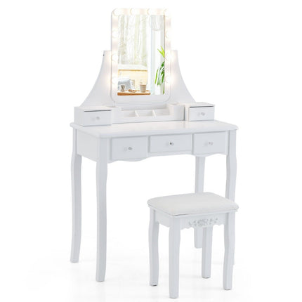 Coiffeuse avec éclairage LED, 5 tiroirs et tabouret, coiffeuse, table de maquillage blanche