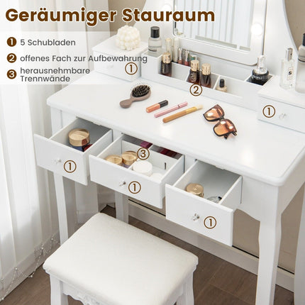 Coiffeuse avec éclairage LED, 5 tiroirs et tabouret, coiffeuse, table de maquillage blanche