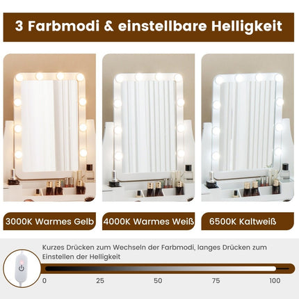 Coiffeuse avec éclairage LED, 5 tiroirs et tabouret, coiffeuse, table de maquillage blanche
