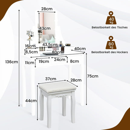 Coiffeuse avec éclairage LED, 5 tiroirs et tabouret, coiffeuse, table de maquillage blanche