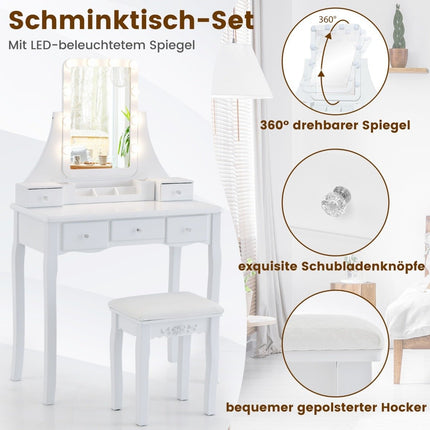 Coiffeuse avec éclairage LED, 5 tiroirs et tabouret, coiffeuse, table de maquillage blanche