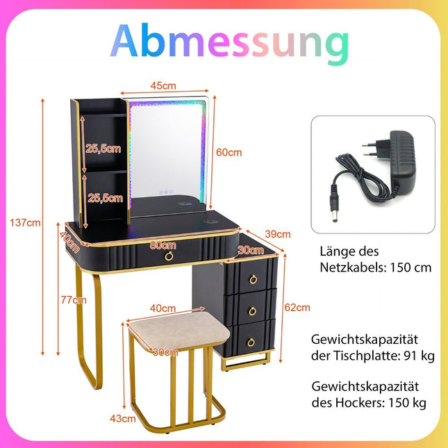 Coiffeuse avec éclairage LED Coiffeuse avec 7 lumières LED dynamiques et 7 statiques dimmables noir