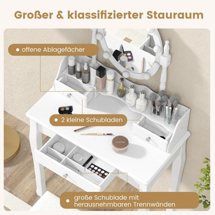 Coiffeuse avec éclairage LED, luminosité réglable, coiffeuse avec 3 tiroirs, blanche