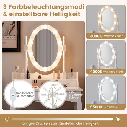 Coiffeuse avec éclairage LED, luminosité réglable, coiffeuse avec 3 tiroirs, blanche
