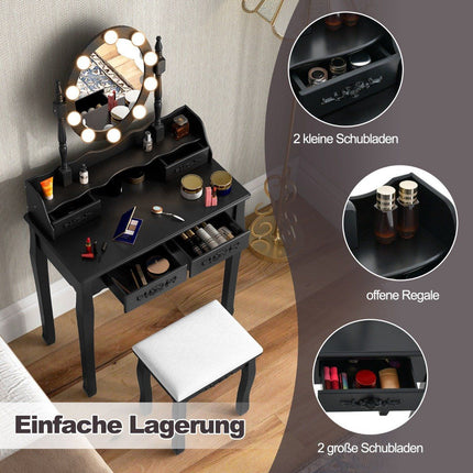 Schminktisch mit LED Beleuchtung Helligkeit einstellbar Frisiertisch mit 4 Schubladen schwarz