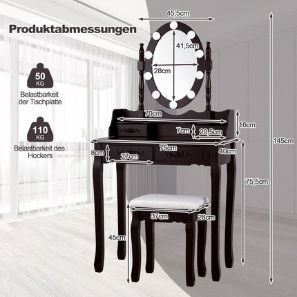 Schminktisch mit LED Beleuchtung Helligkeit einstellbar Frisiertisch mit 4 Schubladen schwarz